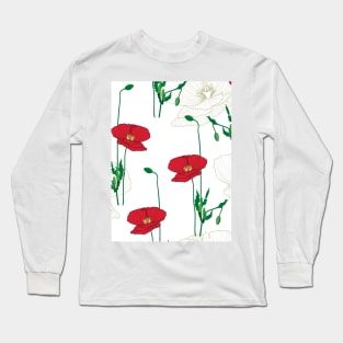 Poppy flowers/wild flowers/white lines poppy/red background/poppy/large scale/summer time/cotton/white flowers Long Sleeve T-Shirt